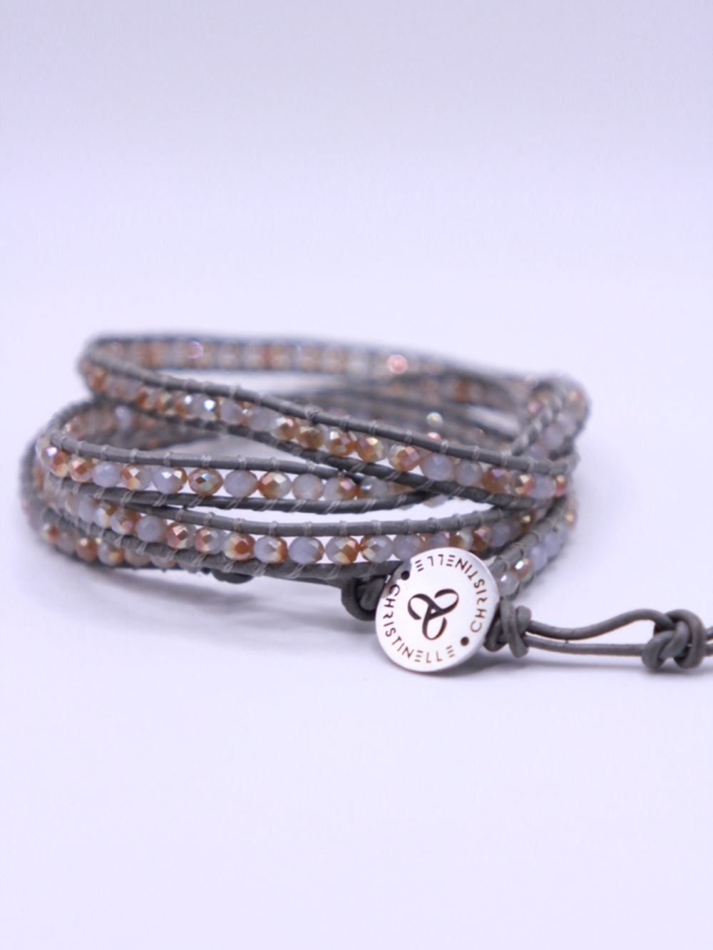Christinelle Gray Leather Multi-Wrap Bracelet with stone and crystal Beads